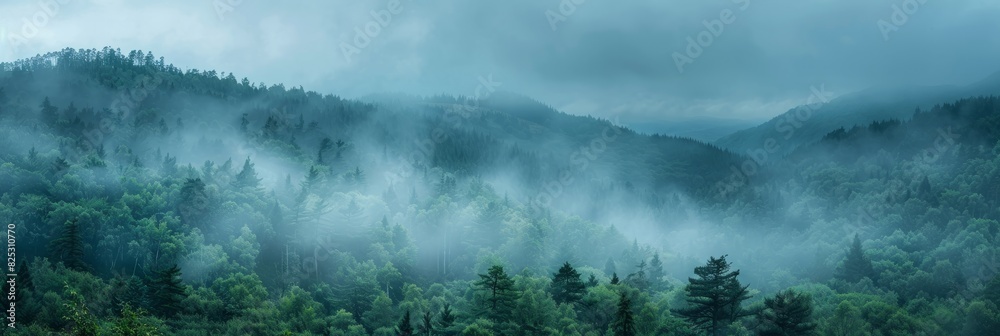 A forest filled with countless trees beneath a cloudy sky, capturing the essence of a humid environment