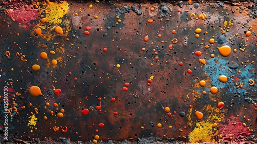 Grunge splatter texture with vibrant paint drops on a rusty metal surface, bold and industrial photo