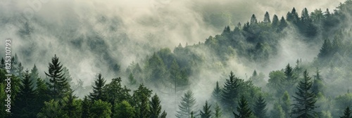 Dense forest with numerous trees shrouded in fog, creating a mysterious and atmospheric scene accentuating the environmental humidity