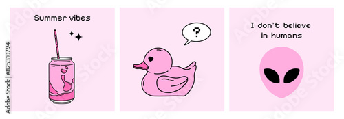 Pink Kawaii Summer Illustrations. Set of Y2K prints in naive style. Posters with Soda, alien and rubber duck for printing on T-shirts, notebooks, sketchbooks. Jelly art
