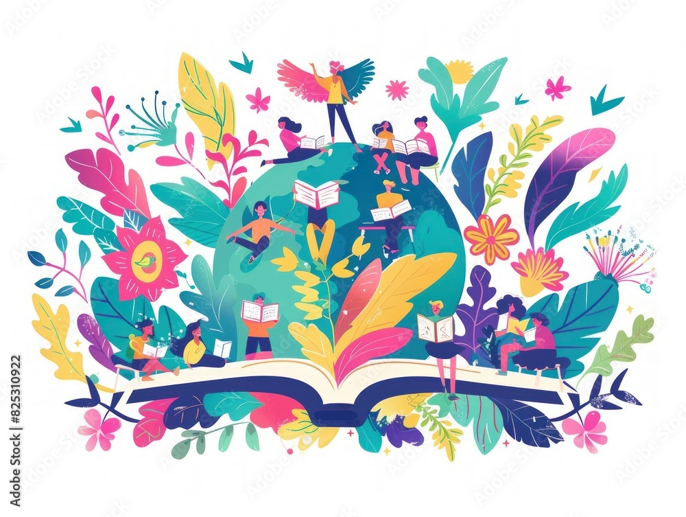 Fototapeta premium People celebrate Literacy Day by reading books on the Earth. flat vector illustration background.
