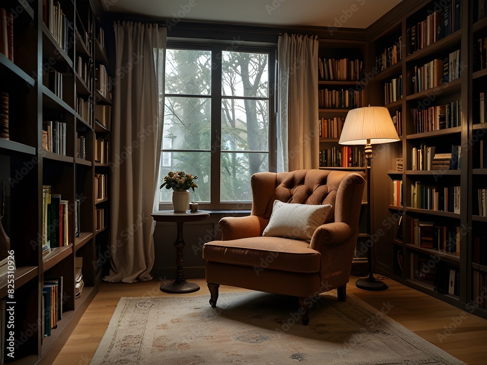 Cozy home library with a comfortable reading chair and plenty of books, generative AI Cozy home library with a comfortable reading chair and plenty of books, generative AI
