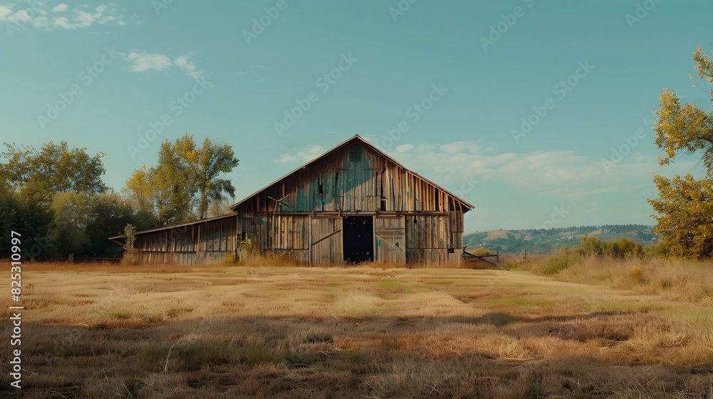 Obraz premium Rustic old barn surrounded by grassland and forest landscape.
