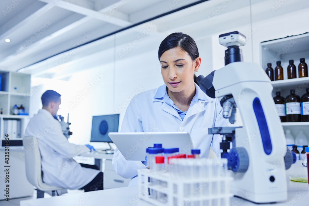 Woman, technician and medical research for covid 19, vaccine and tablet with lab equipment for pharma innovation. Female person, scientist and tech in healthcare for chemistry in forensic for results Woman, technician and medical research for covid 19, vaccine and tablet with lab equipment for pharma innovation. Female person, scientist and tech in healthcare for chemistry in forensic for results
