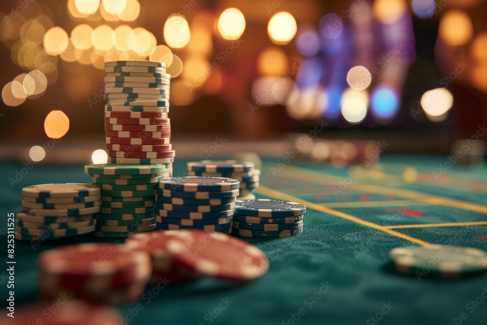 Stacks of multicolored casino chips on a gambling table with vibrant bokeh light background