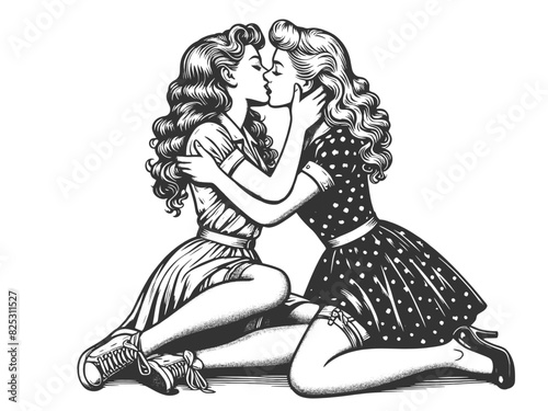 two women in retro fashion, embracing and sharing a kiss, a moment of affection sketch engraving generative ai fictional character vector illustration. Scratch board imitation. Black and white