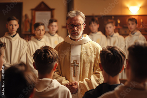 Catholic priest engages a group of young parishioners in a deep and lively discussion about scripture and faith during an evening gathering photo