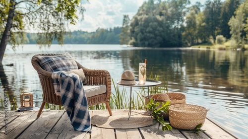 Stylish composition of outdoor garden on the lake with design rattan armchair, coffee table, plaid, pillows, drinks and elegant accessories. Summer chillout mood photo