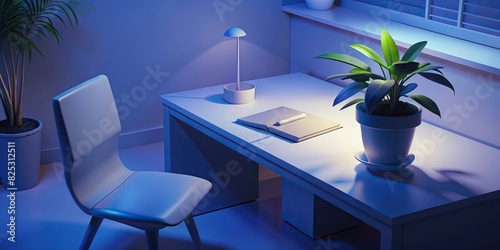 Minimalistic white office desk with a single plant and notebook