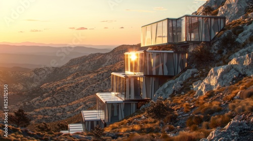 Modern glass house on a mountain cliff at sunset photo