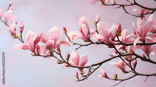 Pink spring magnolia flowers branch