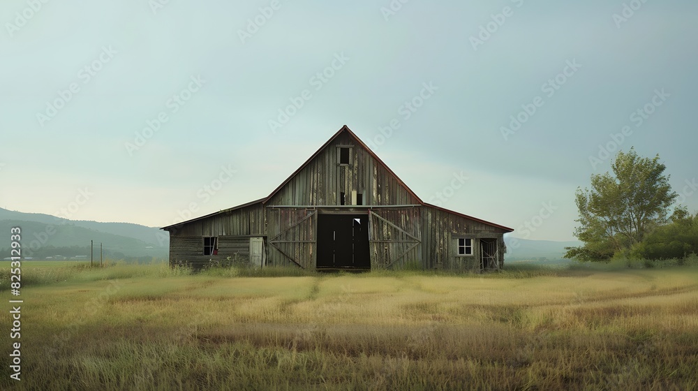 Rustic old barn surrounded by grassland and forest landscape. Rustic old barn surrounded by grassland and forest landscape.