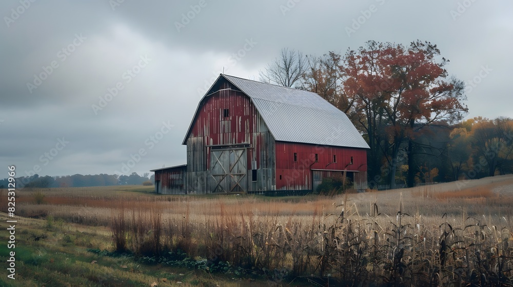 Rustic old barn surrounded by grassland and forest landscape. Rustic old barn surrounded by grassland and forest landscape.