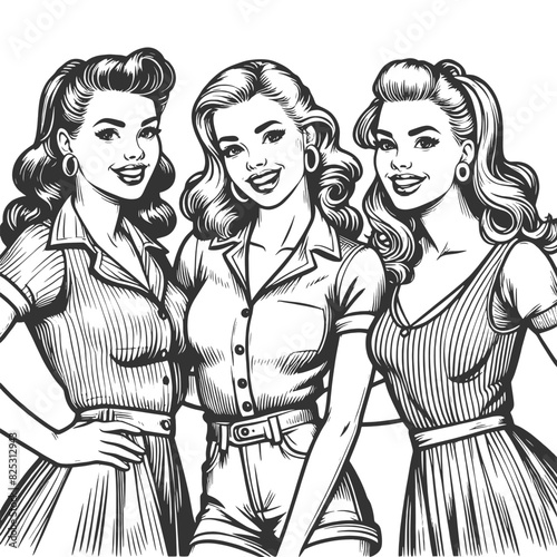 three smiling pin-up girls in retro outfits, standing side by side, showcasing 1950s fashion and camaraderie sketch engraving generative ai vector illustration. Black and white image.