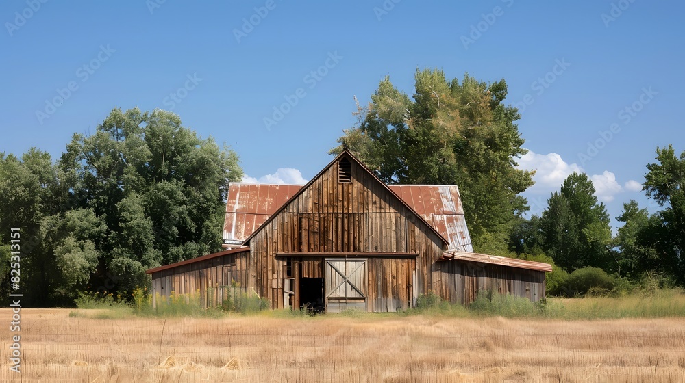 Rustic old barn surrounded by grassland and forest landscape. Rustic old barn surrounded by grassland and forest landscape.