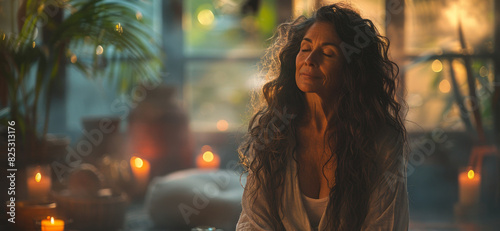 cross-cultural meditation retreat, at a peaceful wellness retreat, a hispanic woman joins a meditation session led by a calm european coach in a room with relaxing scents and soft candlelight photo