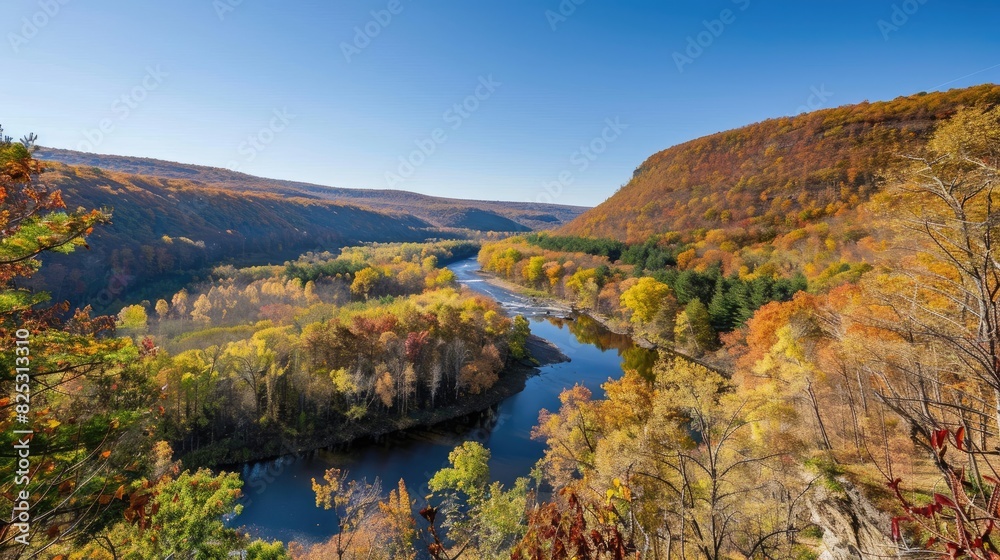 Valley landscape featuring forests and river with hill on right in autumn under clear blue sky