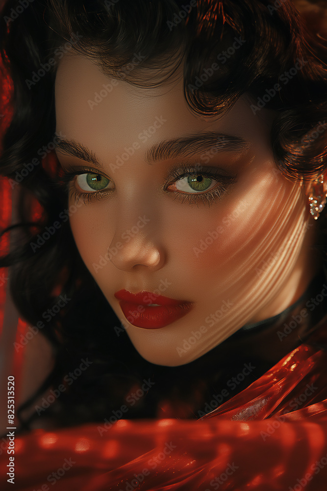 Fototapeta premium Luxurious portrait of a woman with black hair and green eyes.