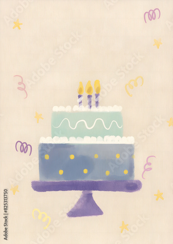 Happy Birthday Cake Greeting Card. Raster Illustration of Celebration Holiday Background. Watercolor Cute Anniversary Postcard.