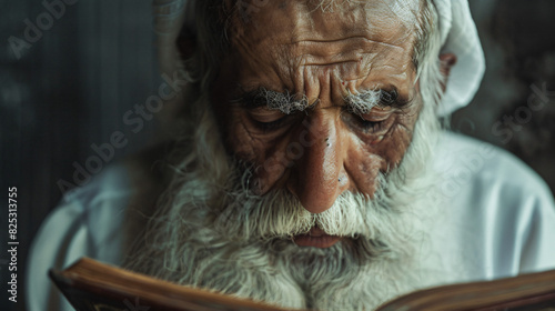 This image shows an extreme close-up view of an elderly man's wrinkled and weathered face. His eyes are closed, framed by deep wrinkles and bushy white eyebrows.