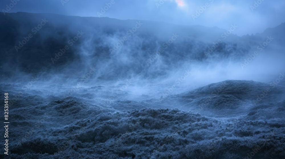 Mysterious foggy night landscape with trees in the moonlight