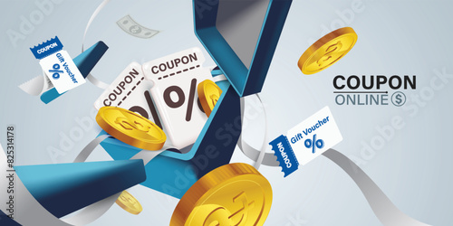Coupons and Gift Vouchers Illustration.engaging illustration showcasing online coupons and gift vouchers, symbolizing discounts,special offers, and digital savings in e-commerce and digital marketing.