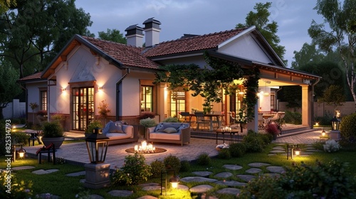 Summer evening on the patio of beautiful suburban house with garden © usman