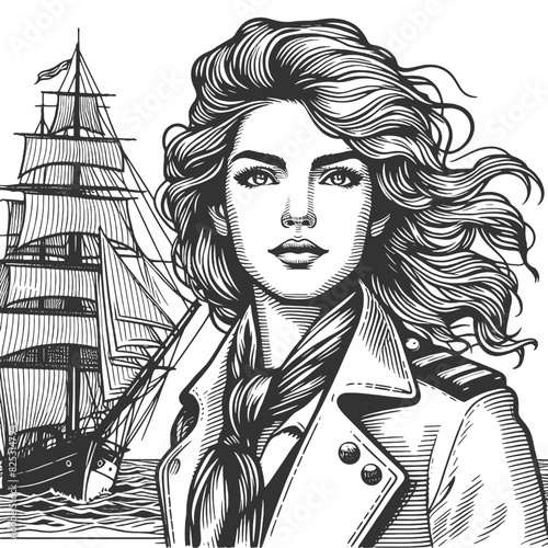Captain nautical woman dressed in maritime attire, sailing ship in the background sketch engraving generative ai fictional character vector illustration. Scratch board imitation. Black and white image