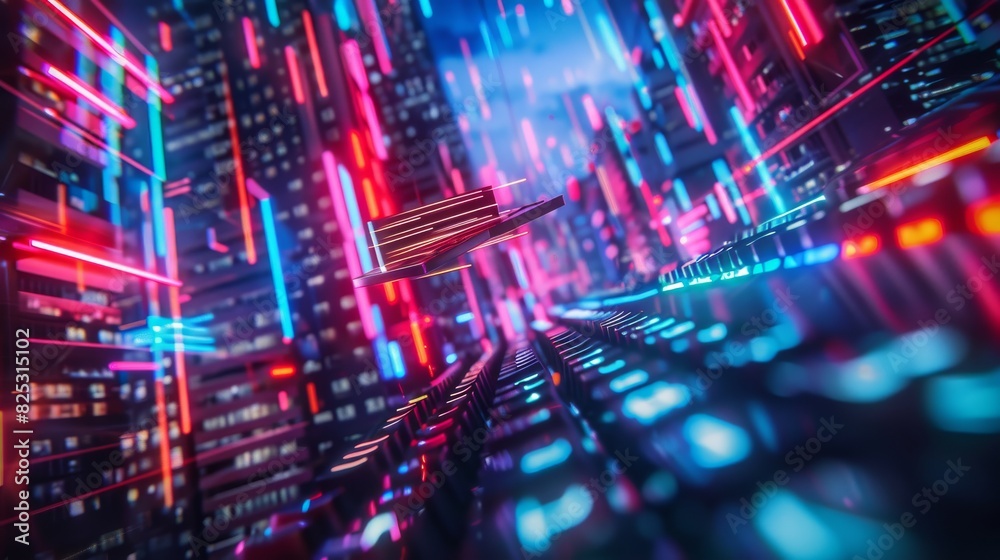 Neon cyberpunk city with glowing lines for futuristic designs