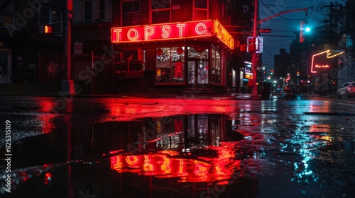 Neon lights reflected in a puddle on a rainy city street