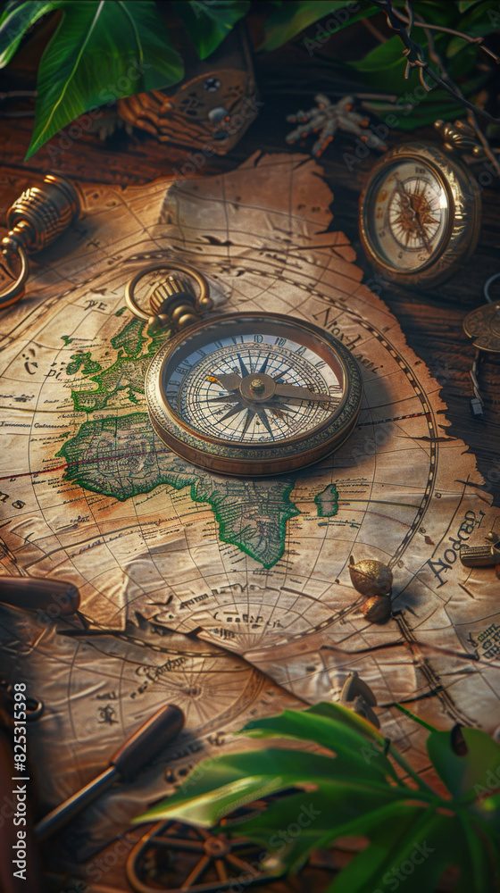 Fototapeta premium Vintage Treasure Map with Compass and Nautical Tools