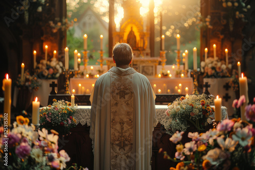 Rear view of Catholic priest stands in reverence before an illuminated altar, surrounded by flowers and candles during a service
