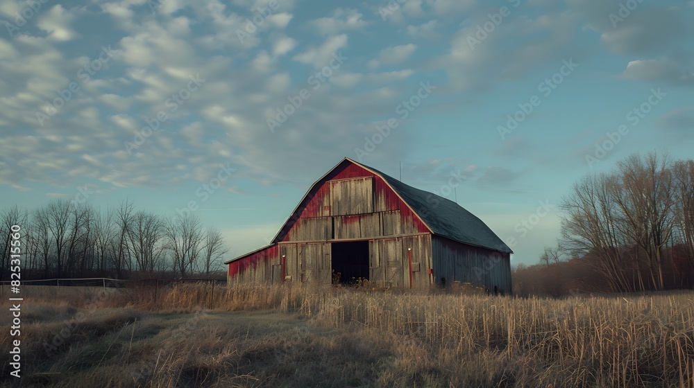Rustic old barn surrounded by grassland and forest landscape. Rustic old barn surrounded by grassland and forest landscape.