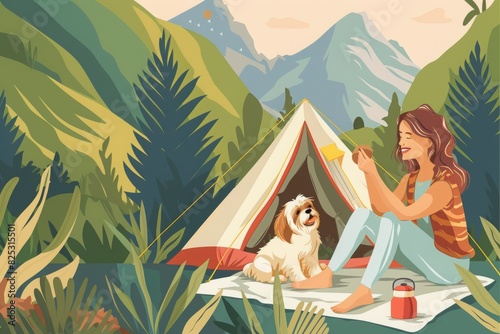 Woman Enjoys Outdoor Adventure with Her Dog, Sitting on Blanket by Tent © Marcos