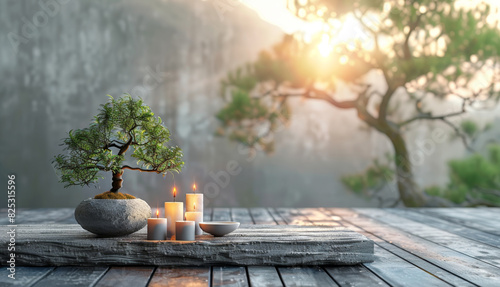 a bonsai tree and candles on a wooden table symbolize balance and harmony in a zen concept, embodying peace and tranquility photo