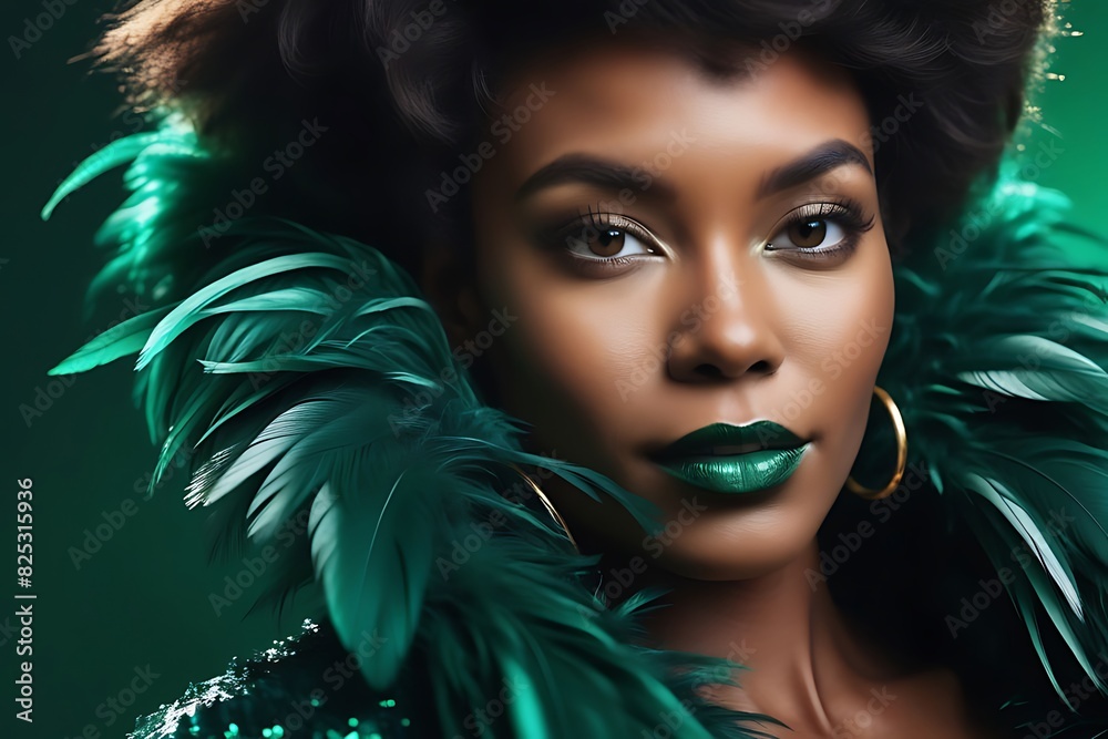 Closeup of Black Woman with Chiseled Features and Emerald Green Feather Boa: Dynamic Fashion Editorial Lighting


