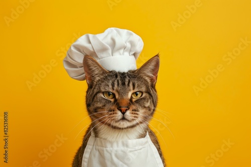 Tabby cat wearing a chef's hat and apron poses amusingly against a solid yellow backdrop © anatolir