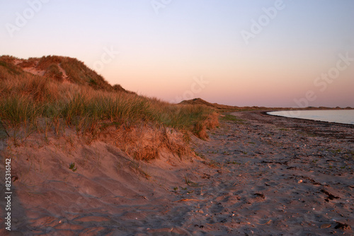 Dünen am Strand Danzigmann bei Sonnenaufgang, Læsø, Nordjütland, Dänemark