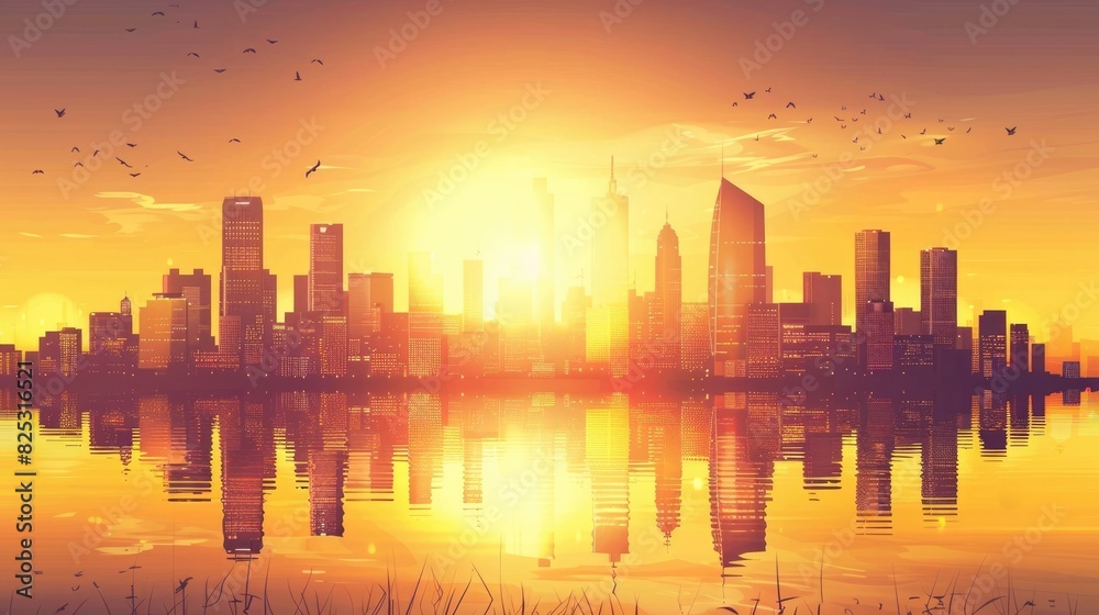 Fototapeta premium Captivating Urban Landscape at Dawn with Shimmering Reflections