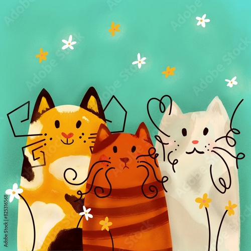 Three Cats with Flowers. Raster Illustration of Cute Pets with Flowers Concept.