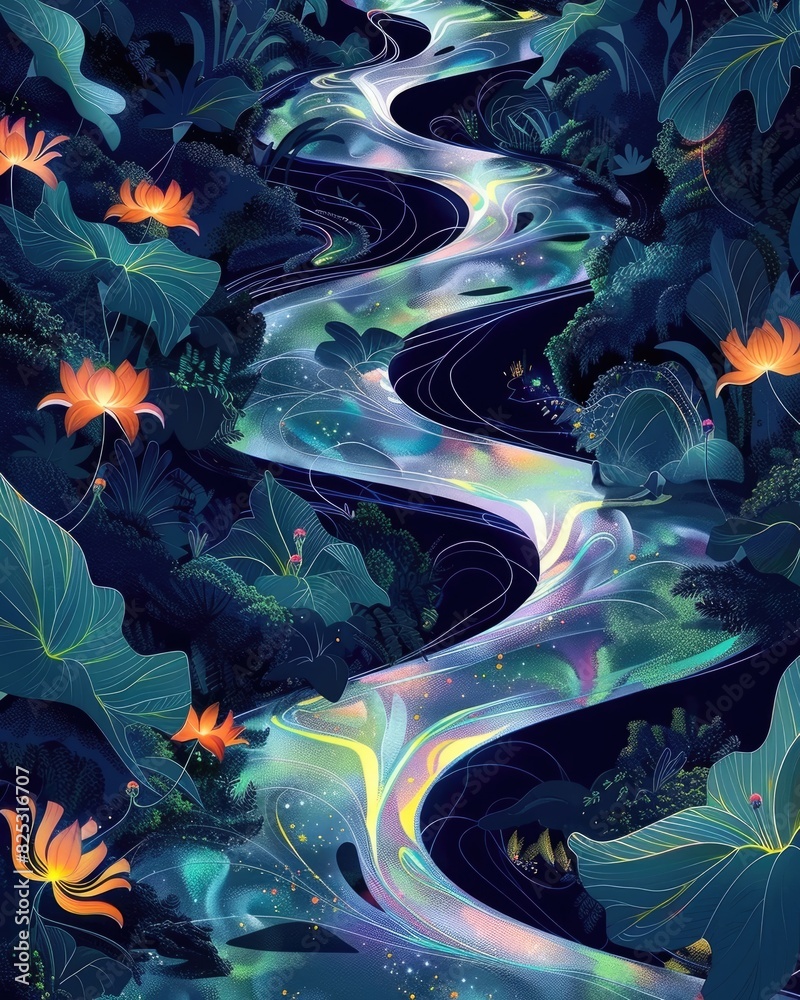 Naklejka premium Enchanted Bioluminescent Garden with Flowing Streams and Otherworldly Florals