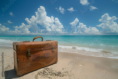 An old leather suitcase at the beach, vacation plans concept, copy space © Dennis