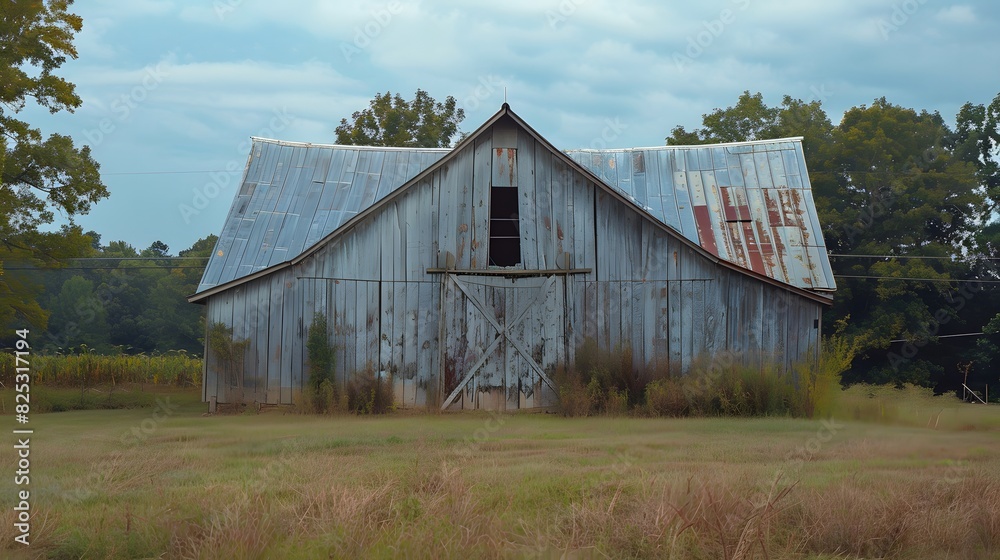 Obraz premium Rustic old barn surrounded by grassland and forest landscape.