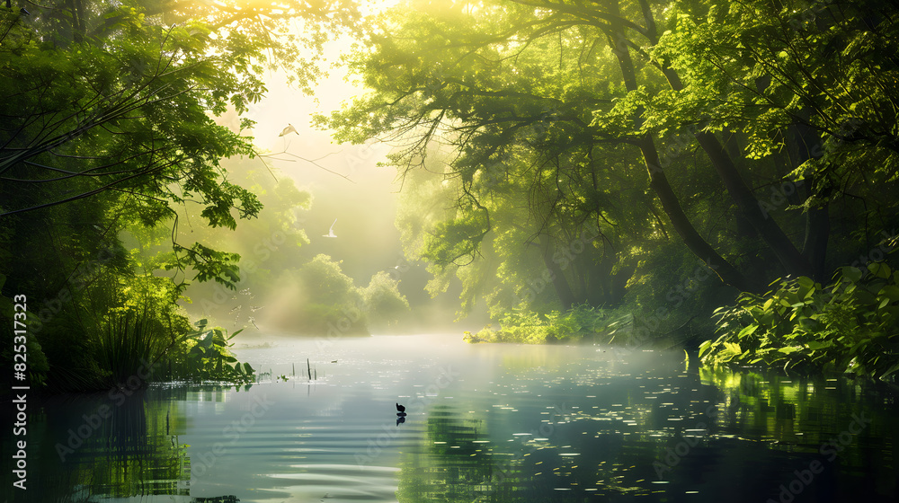 Serene Morning River in a Misty Forest with Sunlit Foliage and Graceful Birds