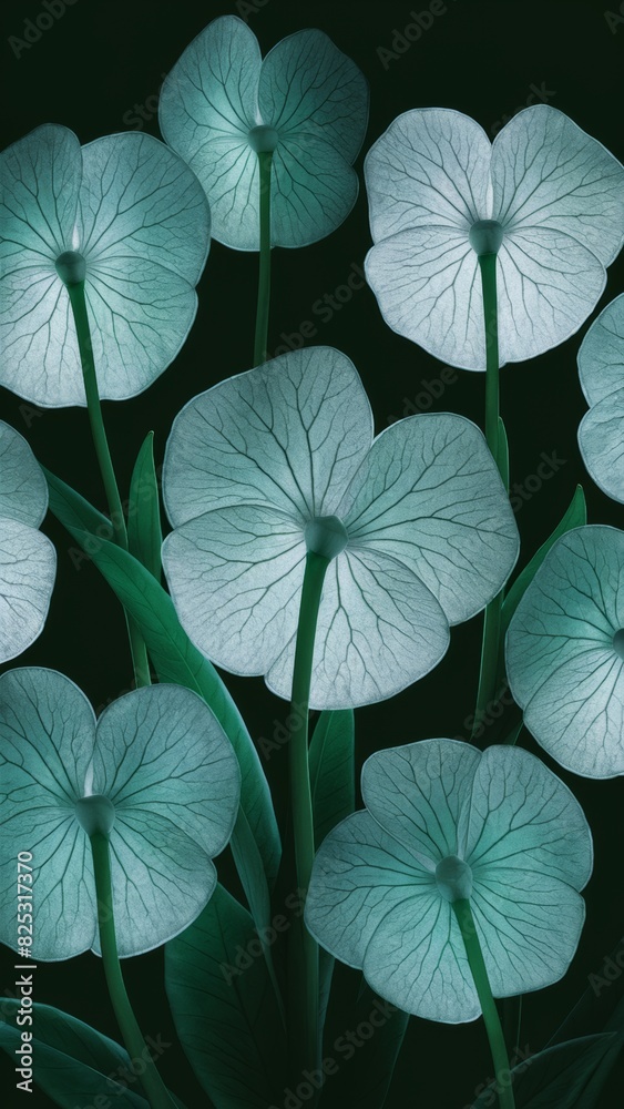 Ethereal Glowing Flowers with Luminous White Petals and Dark Green Leaves on Black Background.