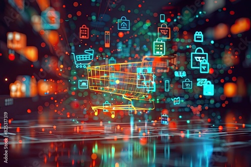 Vibrant Digital Cityscape with Floating Shopping Carts and Product Icons Illustrating the Dynamism of Modern E Commerce