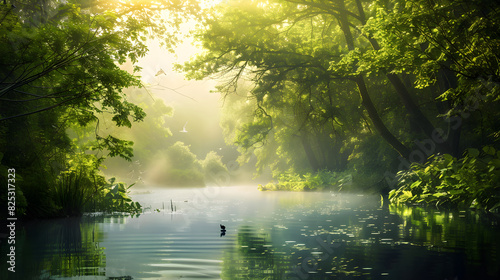 Serene Morning River in a Misty Forest with Sunlit Foliage and Graceful Birds © Michael
