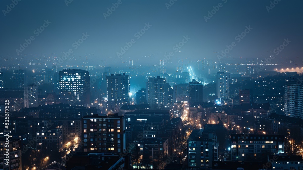 Night cityscape with empty road and reflections in water for urban and travel designs
