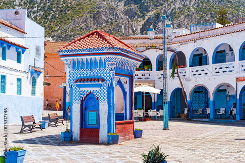 Main square of Chefchaouen, the famous Blue Pearl of Morocco or Blue City. Chaouen is noted for its buildings in shades of blue, UNESCO heritage photo