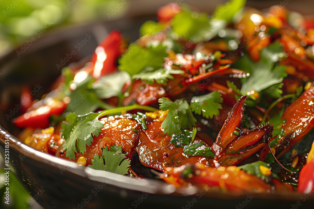 Flavorful sauteed water beetle, garnished with fresh cilantro, bright and vibrant colors, slightly blurred background Flavorful sauteed water beetle, garnished with fresh cilantro, bright and vibrant colors, slightly blurred background